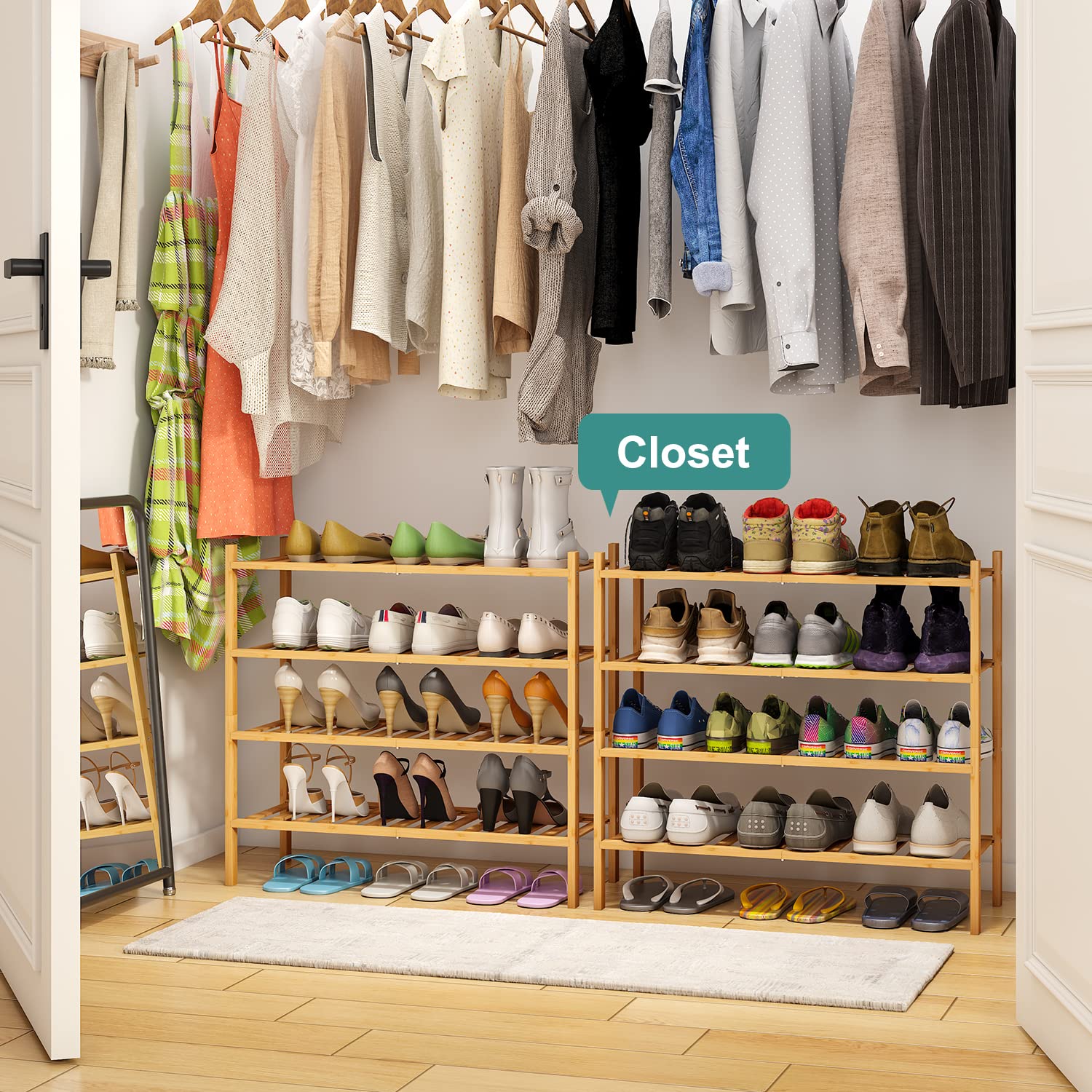 viewcare shoe rack side profile highlighting sturdy bamboo frame and stability