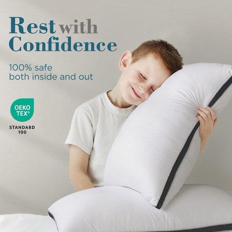 viewstar pillows styled on bed demonstrating firm support and modern color