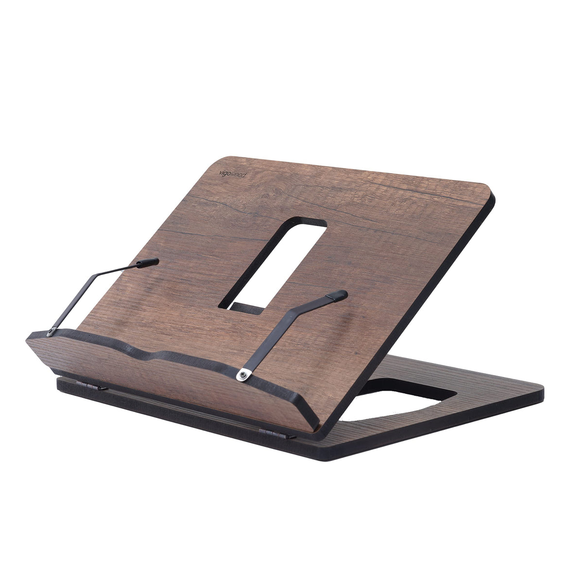 Vigo Wood front view of walnut stand showing sturdy support and neat design