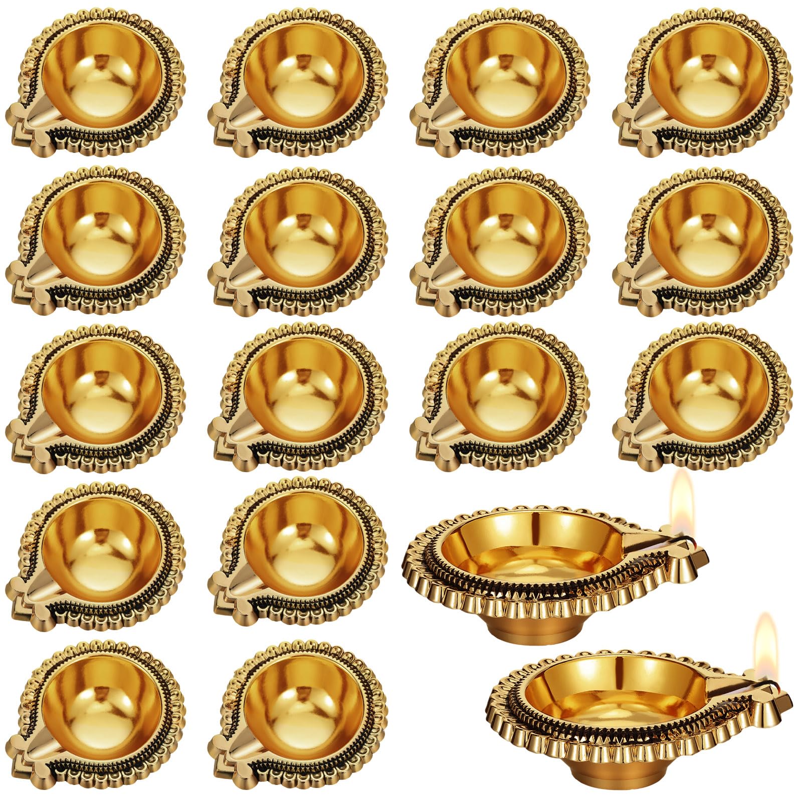 VIHOSE front view of 20-piece brass diya set shows neat packaging and elegant gold finish