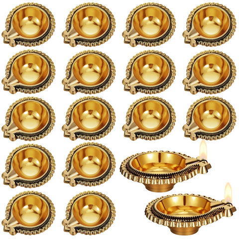 VIHOSE front view of 20-piece brass diya set shows neat packaging and elegant gold finish
