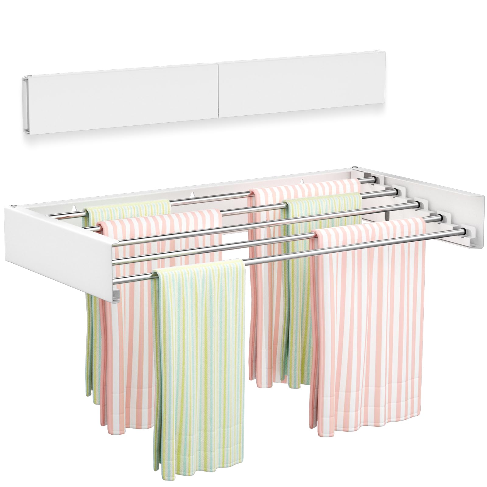 Vikaqi front view of wall-mounted rack folded and extended showing space-saving benefit