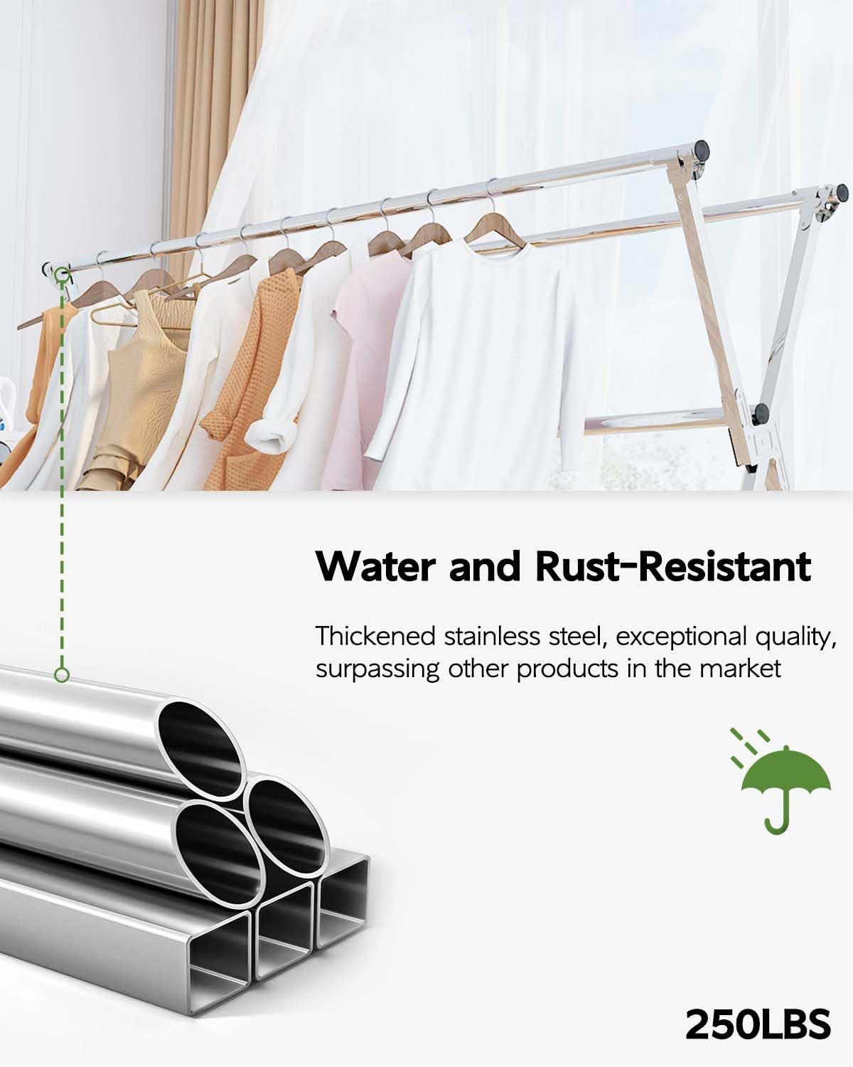 Vikaqi on patio with sunlit laundry showing outdoor fresh drying and energy savings