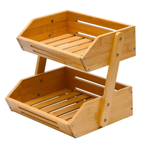 VIKEYHOME front view of two-tier bamboo fruit basket shows organized produce benefit