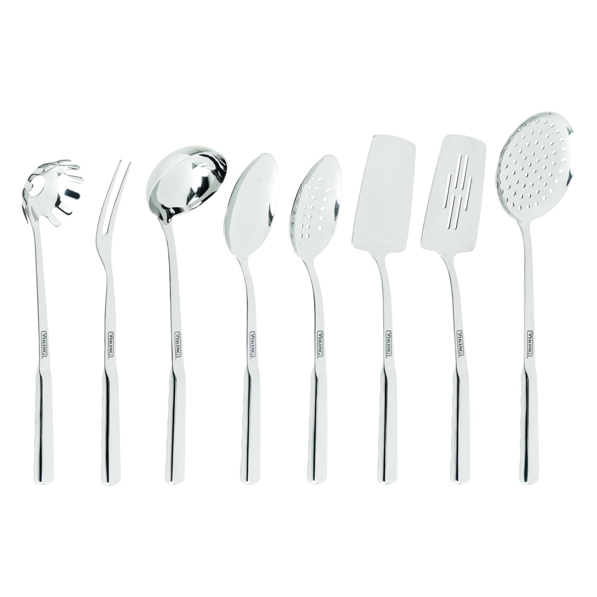 Viking front view of all eight utensils showing polished finish and complete set benefit