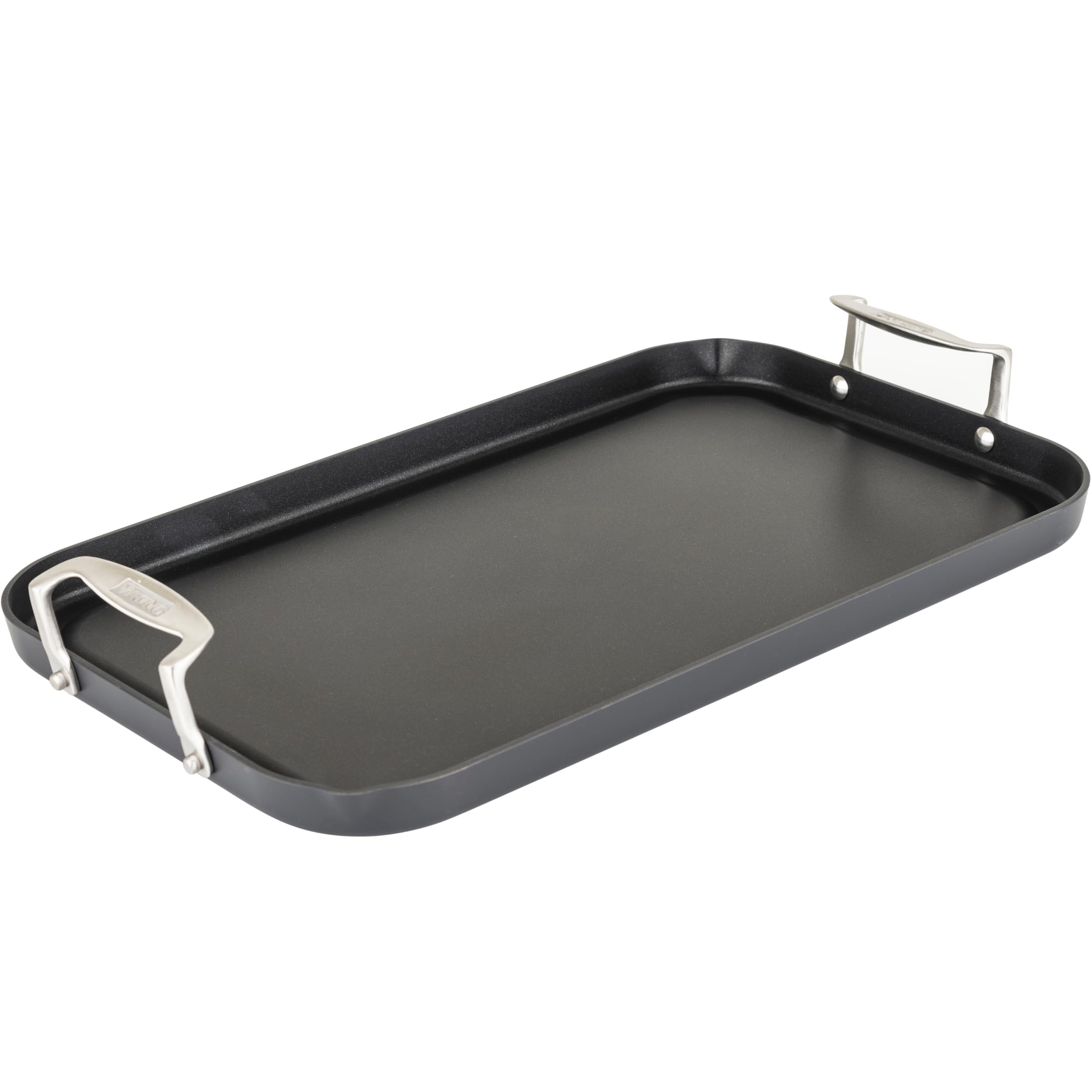Viking front view griddle showing full two-burner surface and benefit of large capacity
