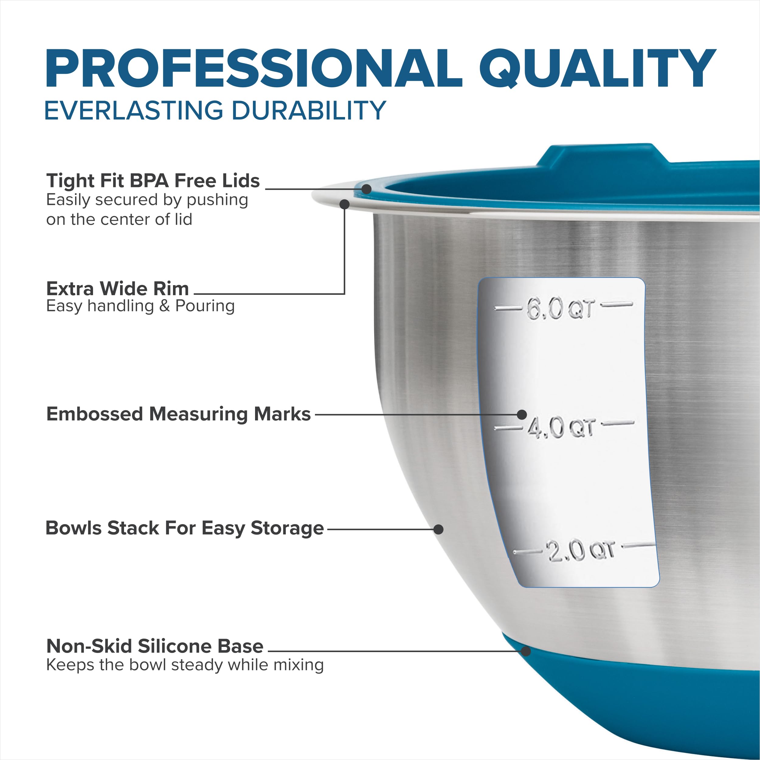 Viking bowl rim and embossed measurements for easy pouring and measuring