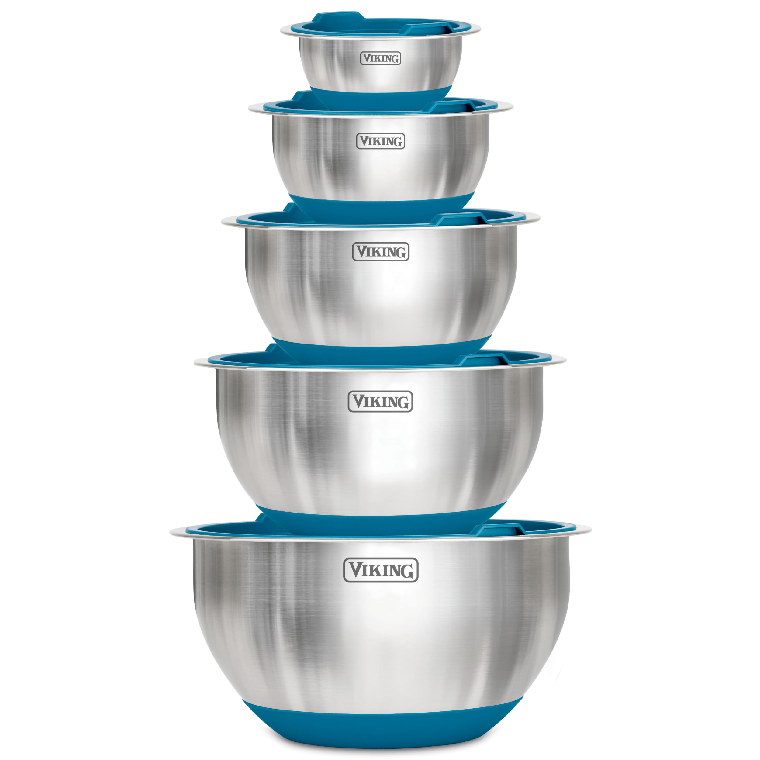 Viking mixing bowls front view with lids showing organized storage benefit