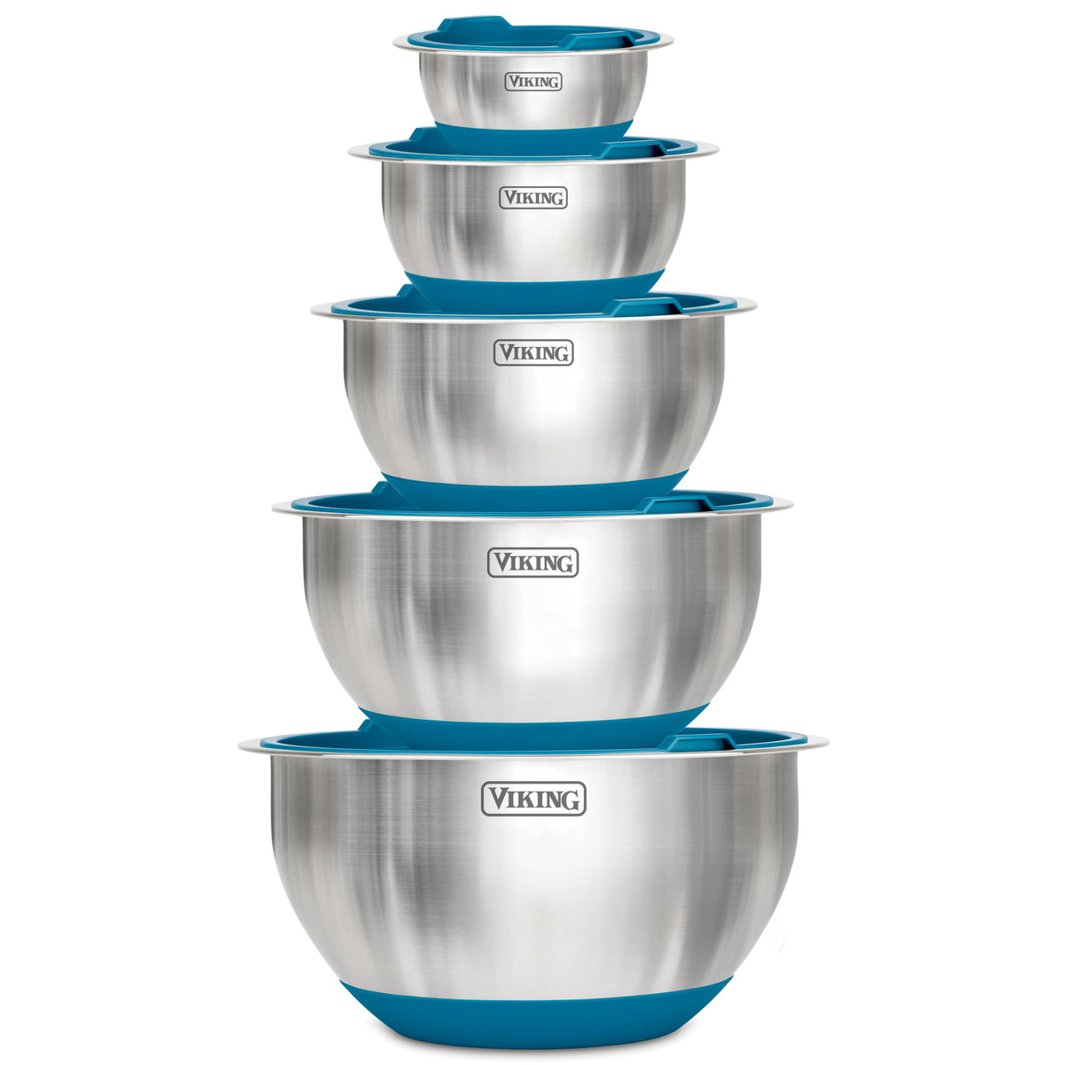 Viking mixing bowls front view with lids showing organized storage benefit