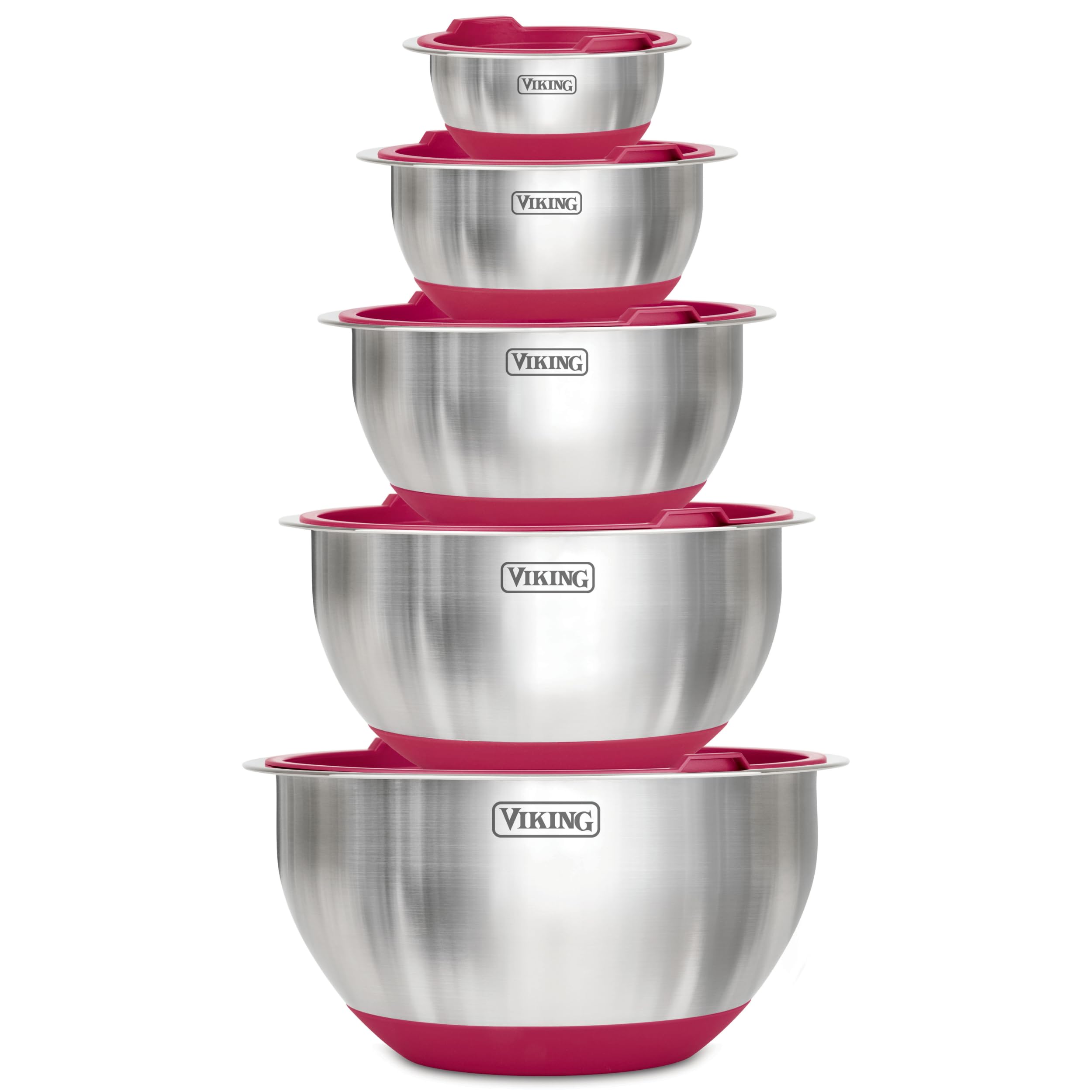 Viking front view of full bowl set showing lids and polished finish benefits organization