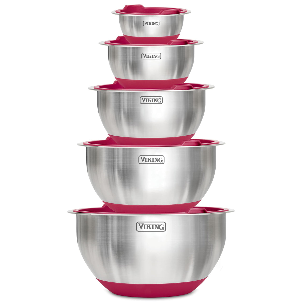 Viking front view of full bowl set showing lids and polished finish benefits organization