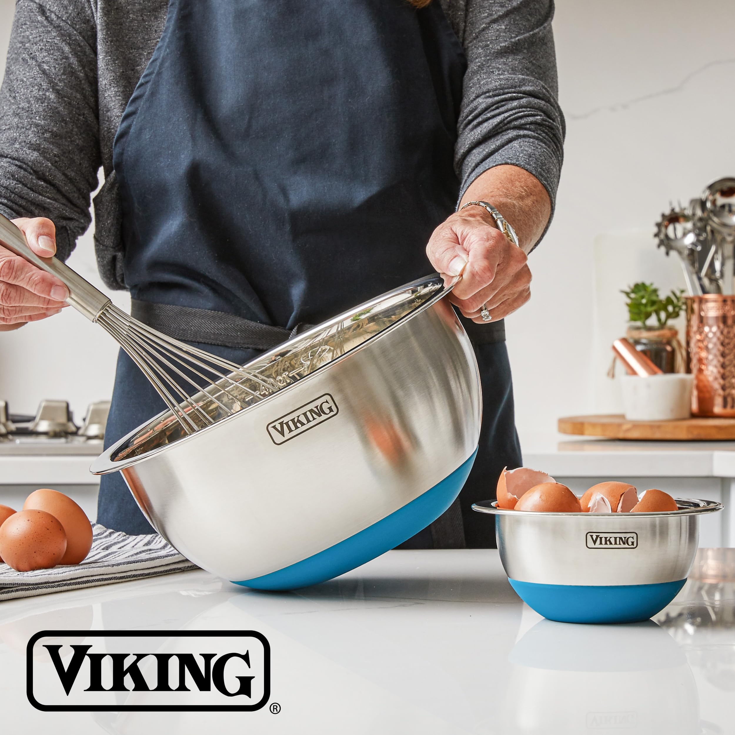Viking bowls next to utensils showing size range for versatile prep benefit