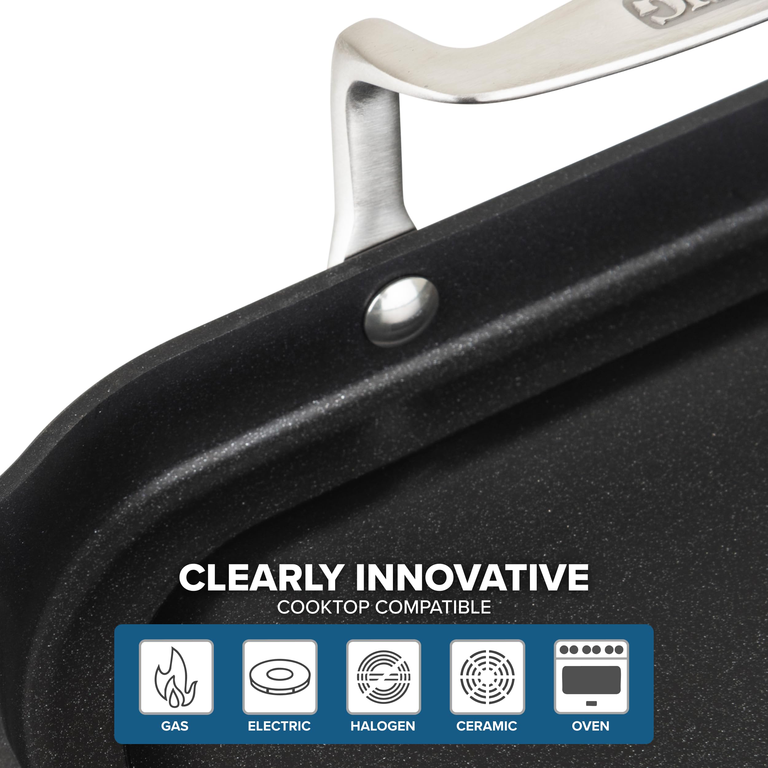 Viking oven-ready griddle being placed into oven for versatile stovetop-to-oven benefit