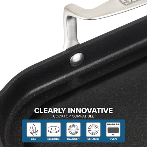 Viking oven-ready griddle being placed into oven for versatile stovetop-to-oven benefit