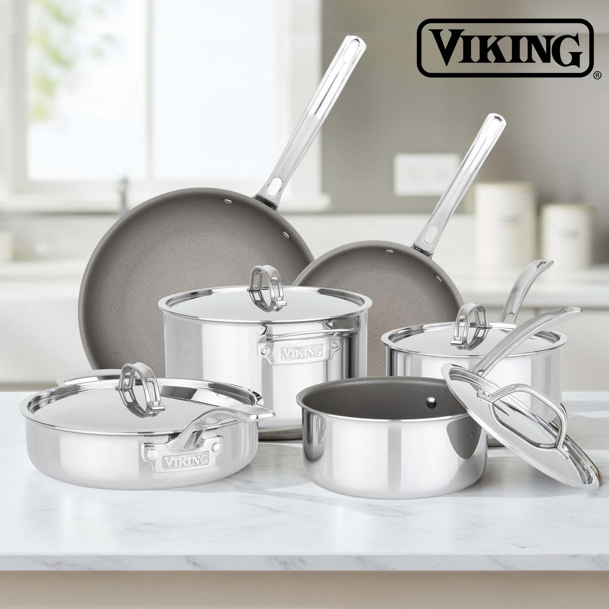 Viking cookware styled on countertop in modern kitchen to show everyday lifestyle use