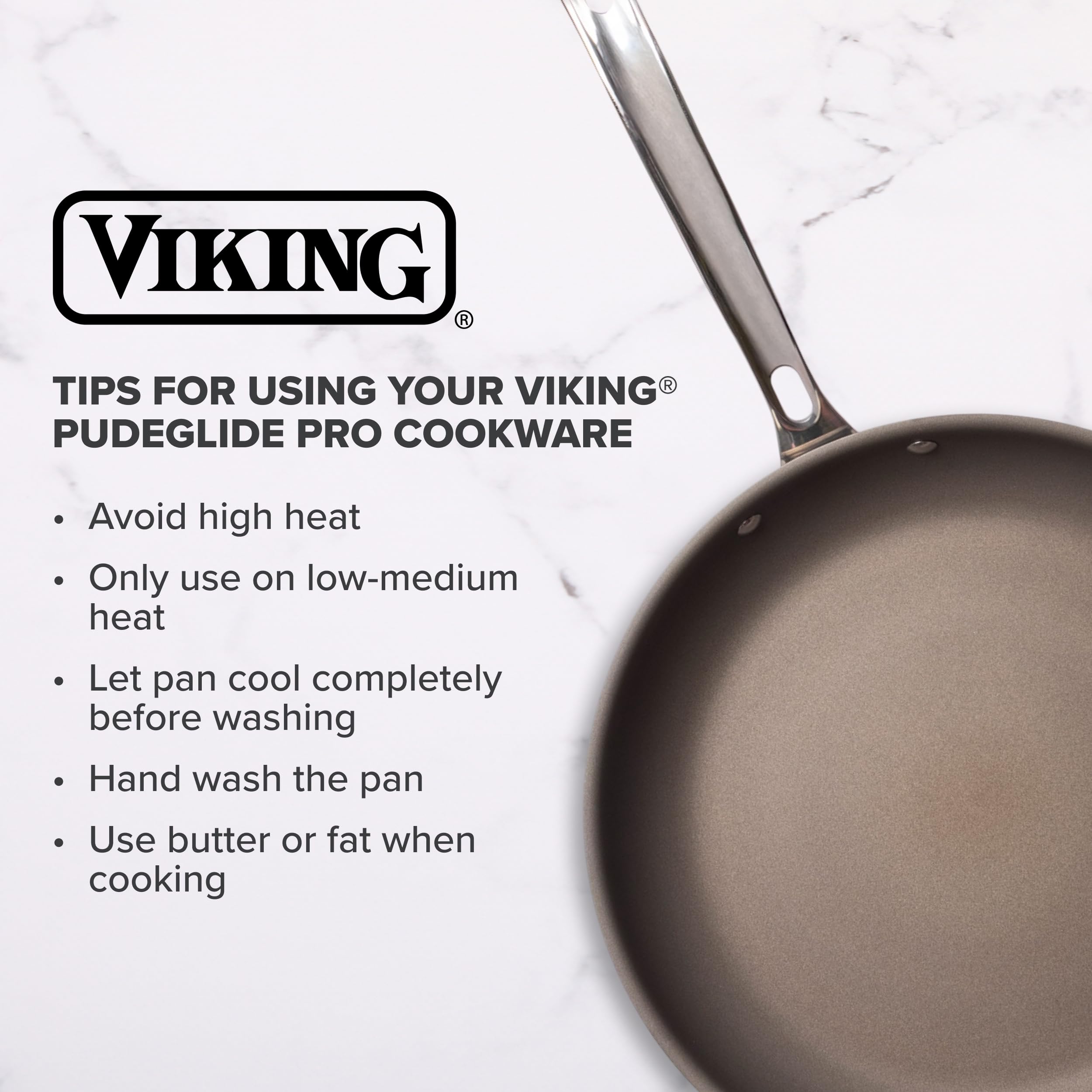 Viking pan with metal spatula showing safe metal utensil use and dependable nonstick release