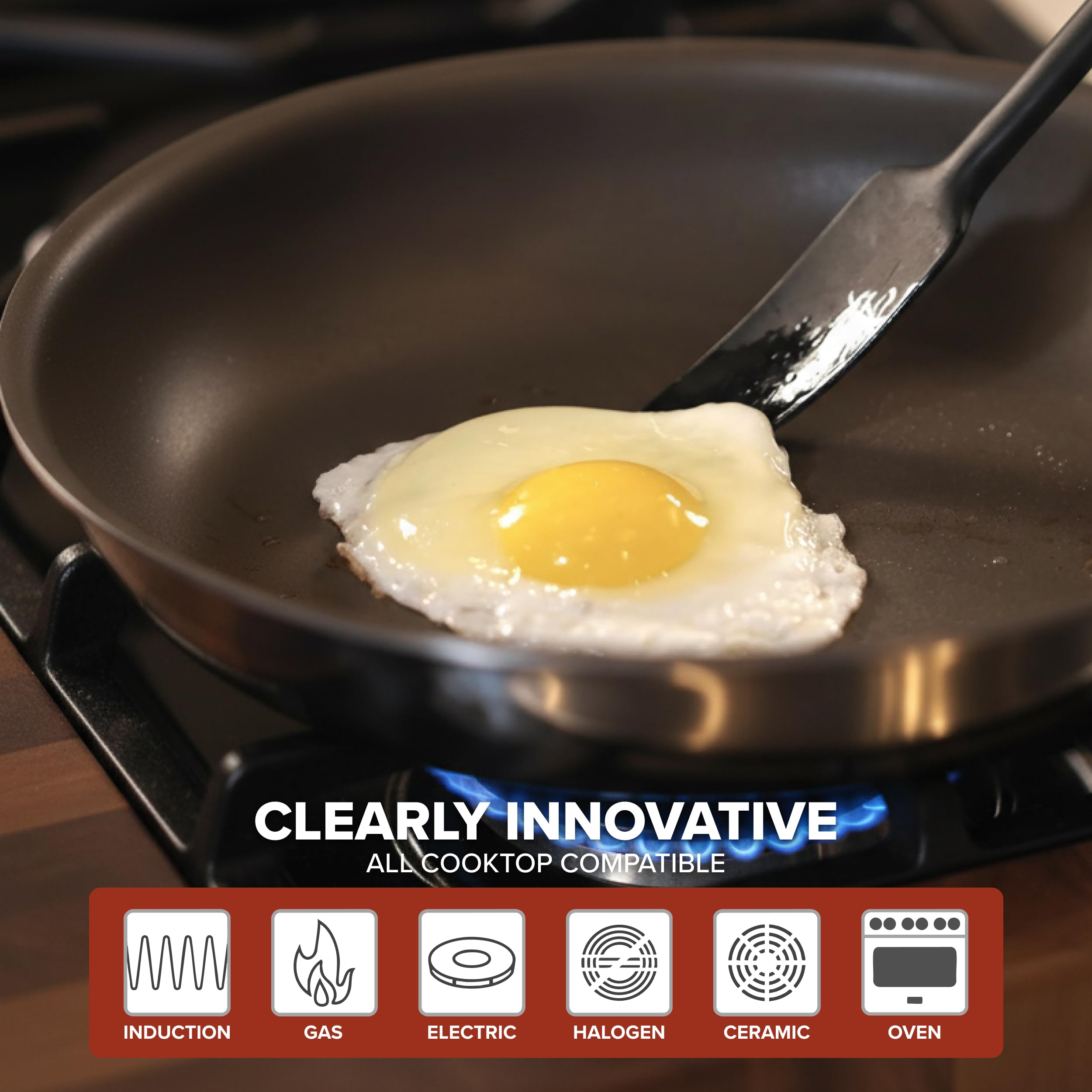Viking cookware next to common kitchen items for scale so buyers see actual piece sizes