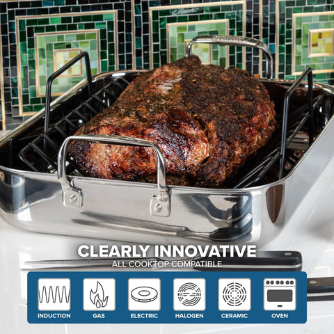 Viking roasting pan in oven with turkey illustrating capacity for holiday-sized birds
