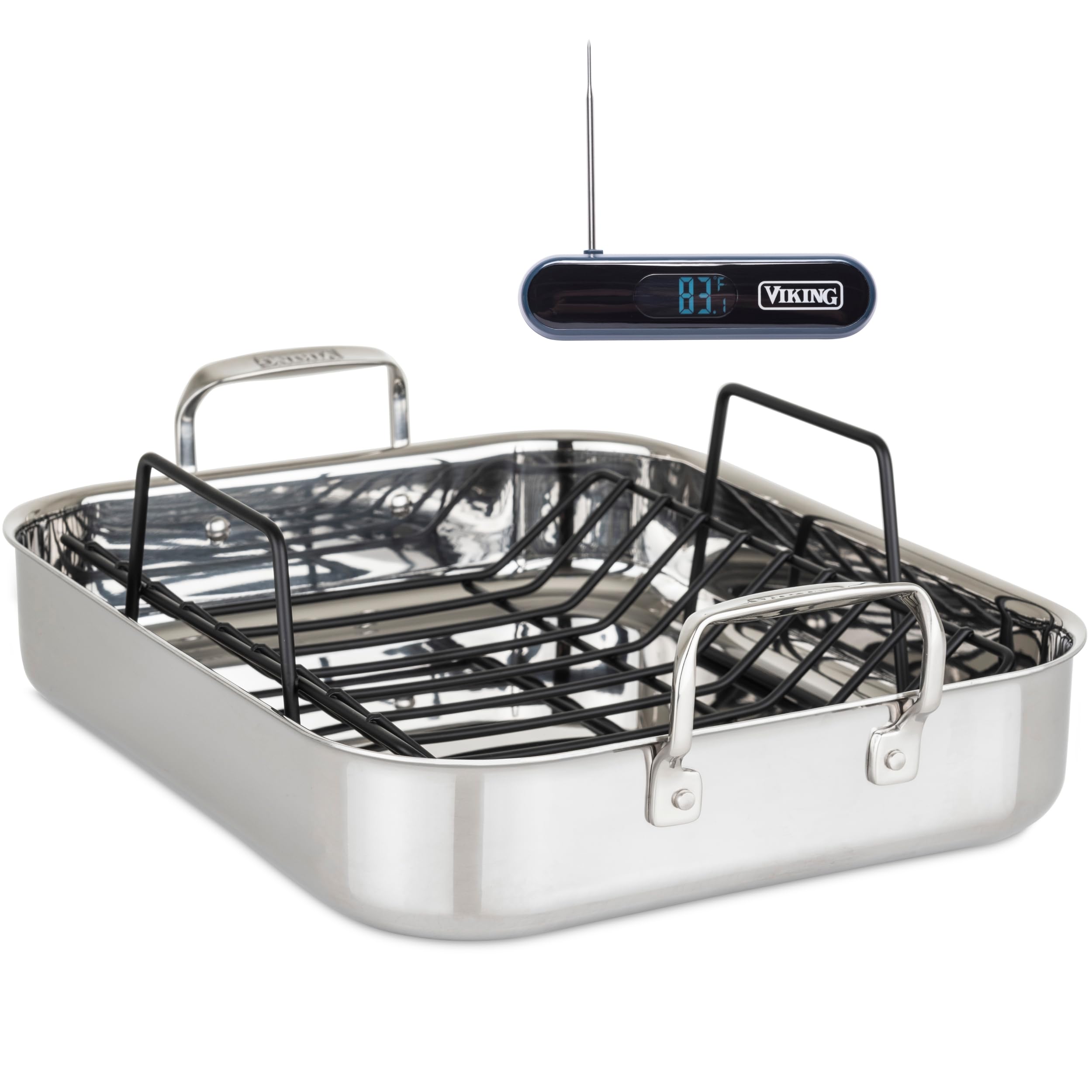Viking front view of stainless steel roasting pan showing roomy interior and polished finish for even cooking