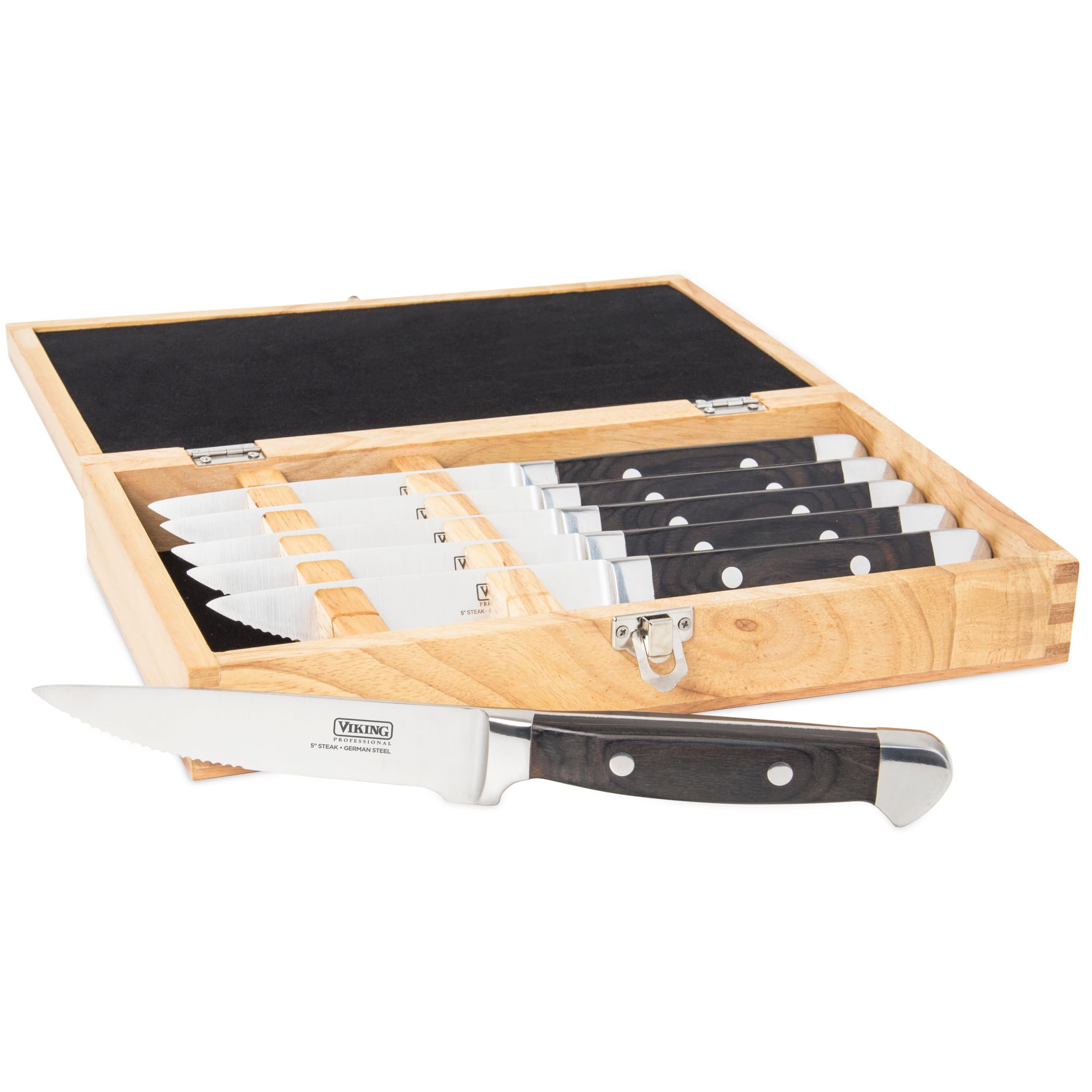Viking front packaging showing six steak knives and elegant presentation benefit
