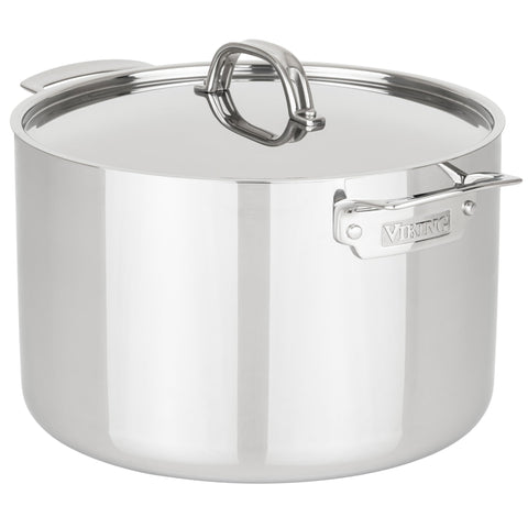 Viking stock pot front view showing polished finish and lid, professional appearance benefit