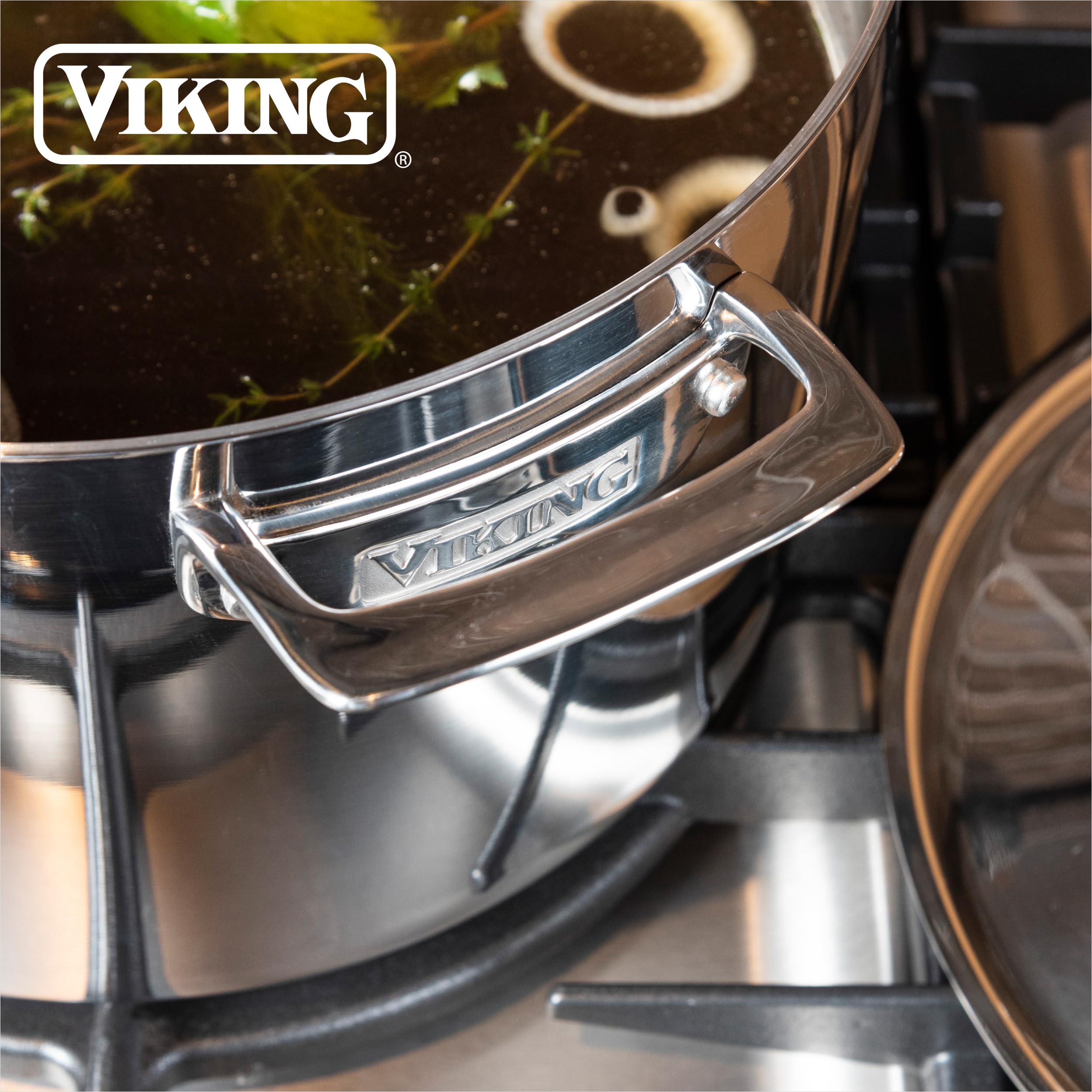Viking stock pot on kitchen counter in lifestyle setting showing durable stylish cookware benefit