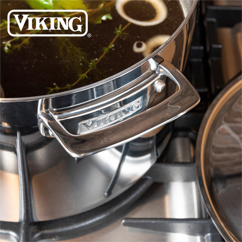 Viking stock pot on kitchen counter in lifestyle setting showing durable stylish cookware benefit