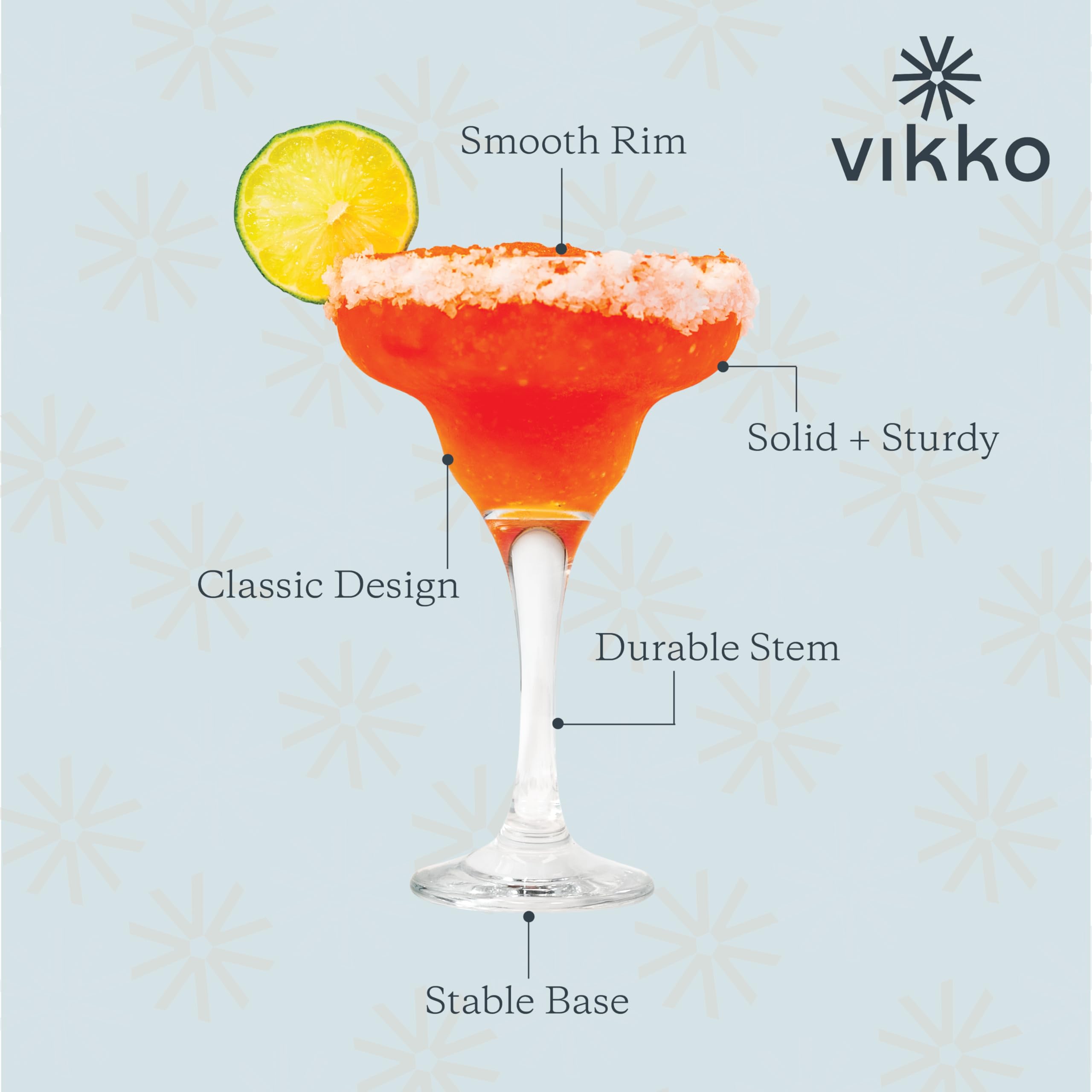 Set of six Vikko margarita glasses on table offering cohesive barware for parties and gatherings