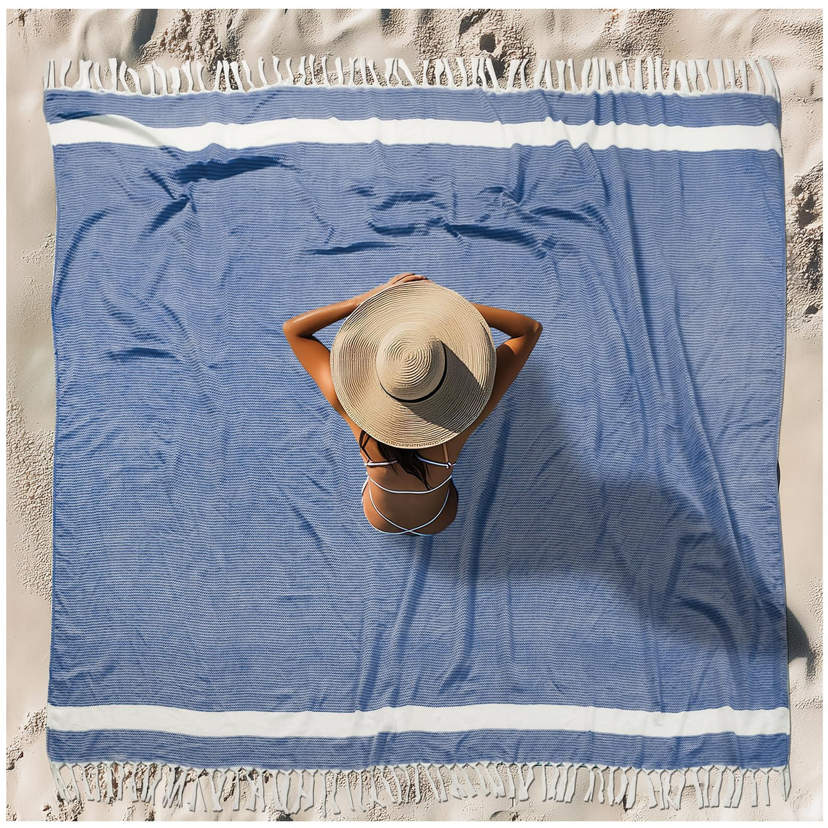 Vikumond front view of blue towel showing full pattern and fringe, stylish utility
