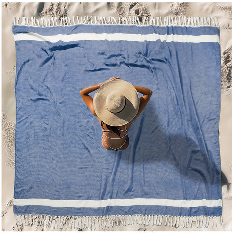 Vikumond front view of blue towel showing full pattern and fringe, stylish utility