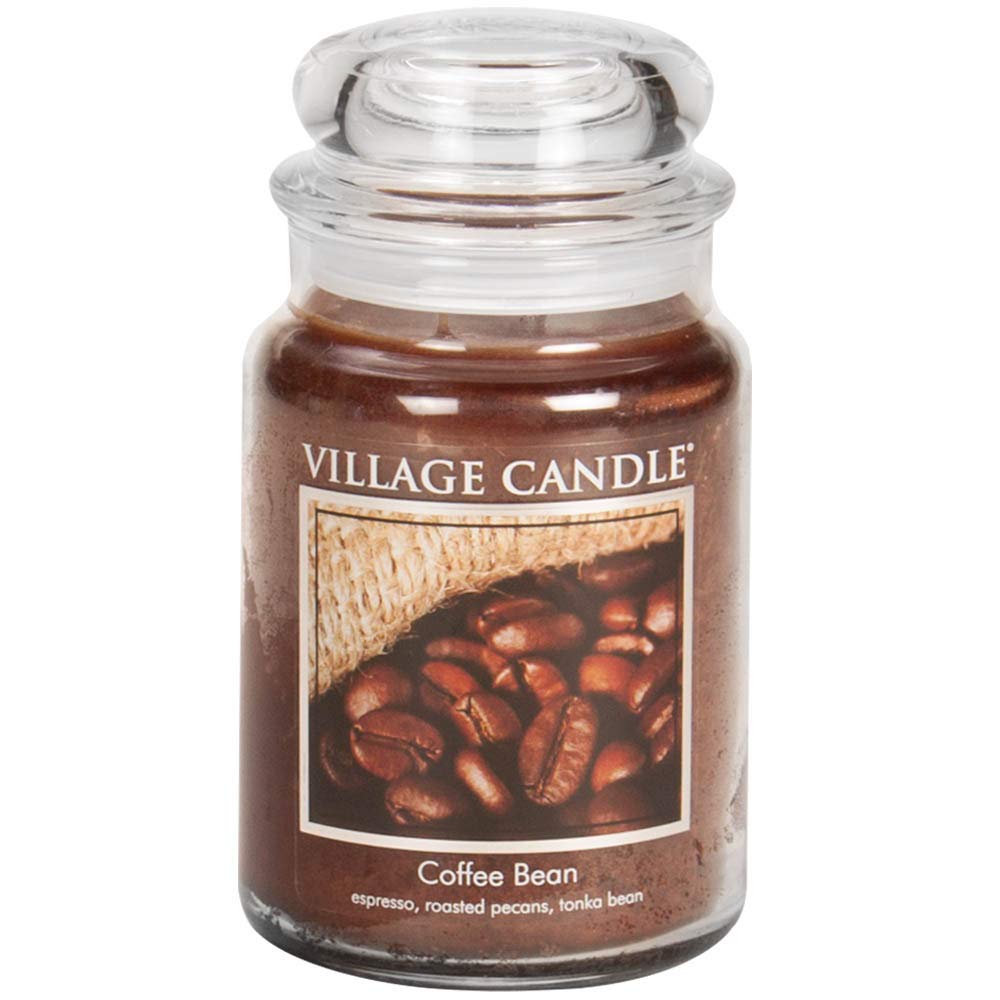 Village Candle front jar showing coffee-bean brown glass and label, creates warm ambiance