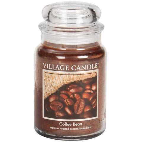Village Candle front jar showing coffee-bean brown glass and label, creates warm ambiance
