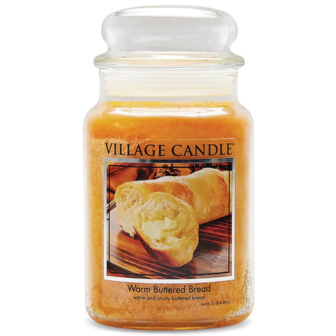 Village Candle front packaging showing apothecary jar and warm brown glass benefit: decorative warmth