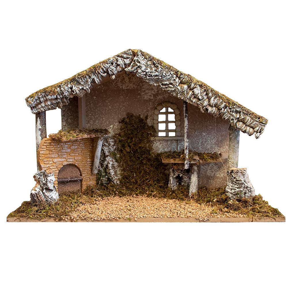 VILLAGE GIFT IMPORTERS front view of nativity stable showcasing craftsmanship and display appeal