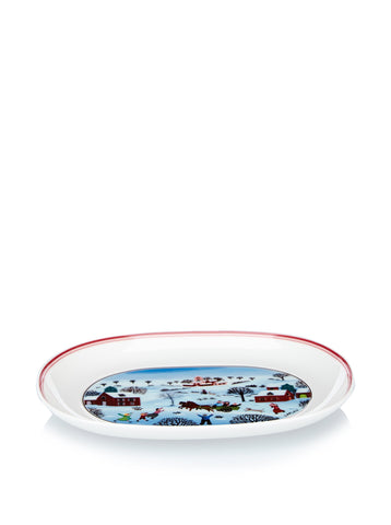 Villeroy & Boch front view platter showing festive village motif and serving use