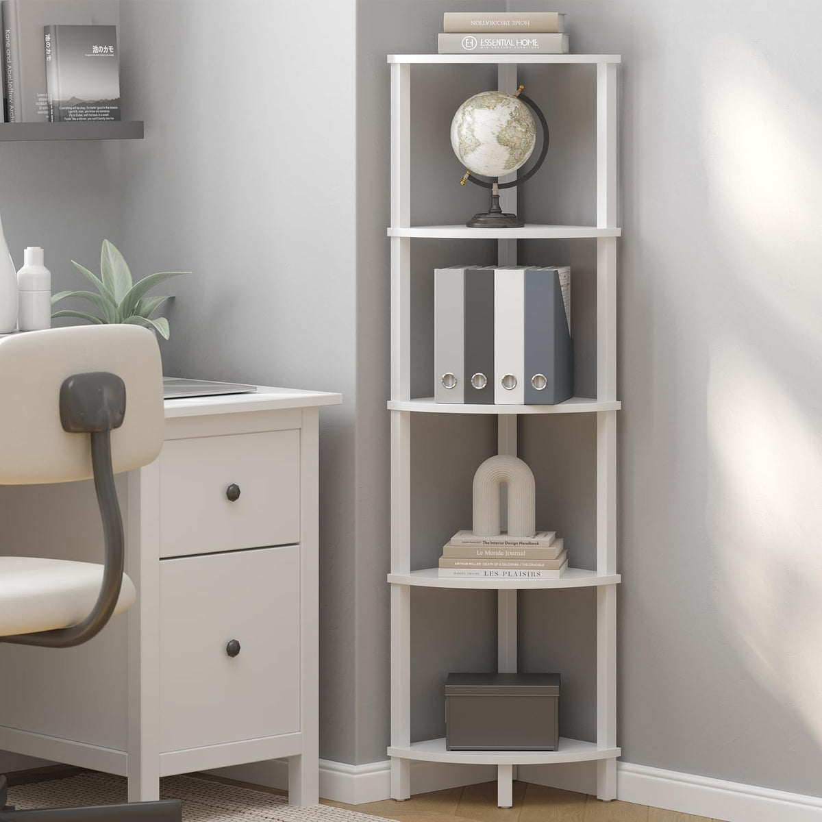 VIMBER corner shelf front view showing five tiers and neat storage benefit