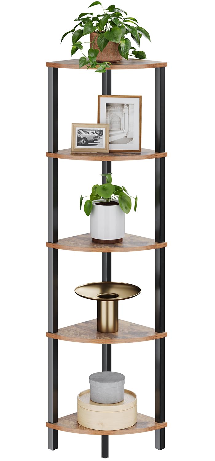 VIMBER front view of 5-tier corner shelf showing compact footprint and rustic look