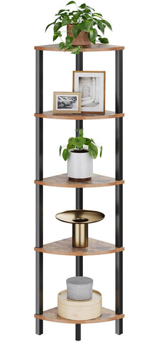 VIMBER front view of 5-tier corner shelf showing compact footprint and rustic look