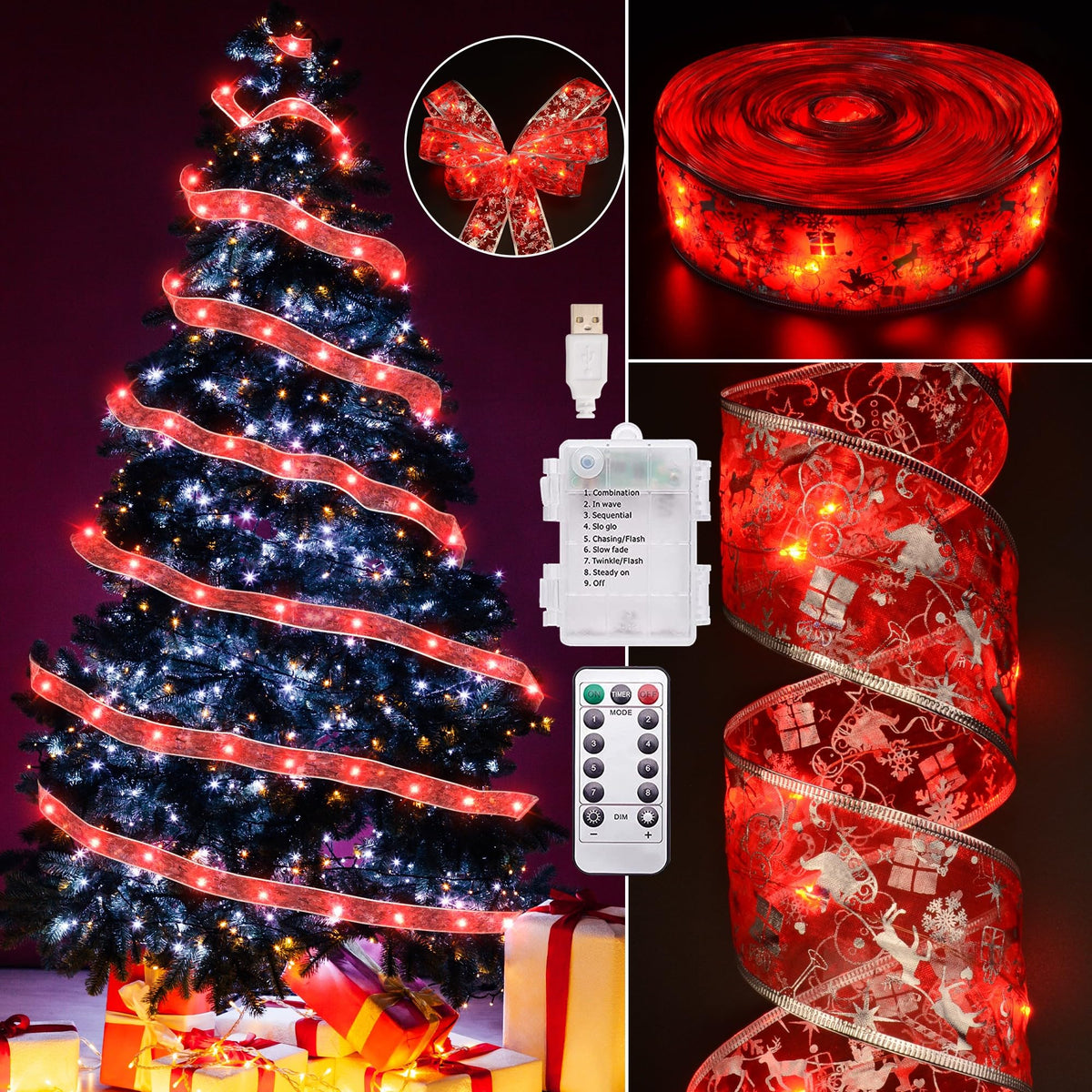 Vimorg front packaging showing ribbon lights for elegant tree decor