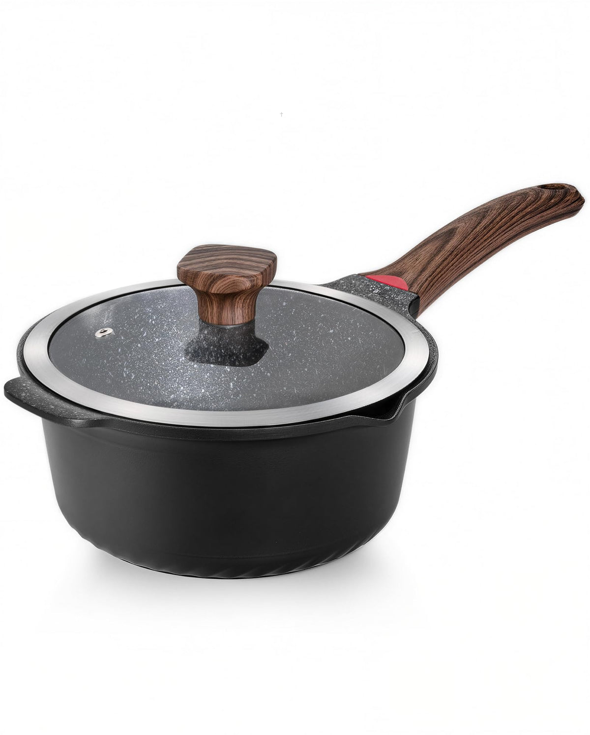 Vinchef 4QT saucepan front view showing sleek black exterior and lid, perfect for everyday cooking