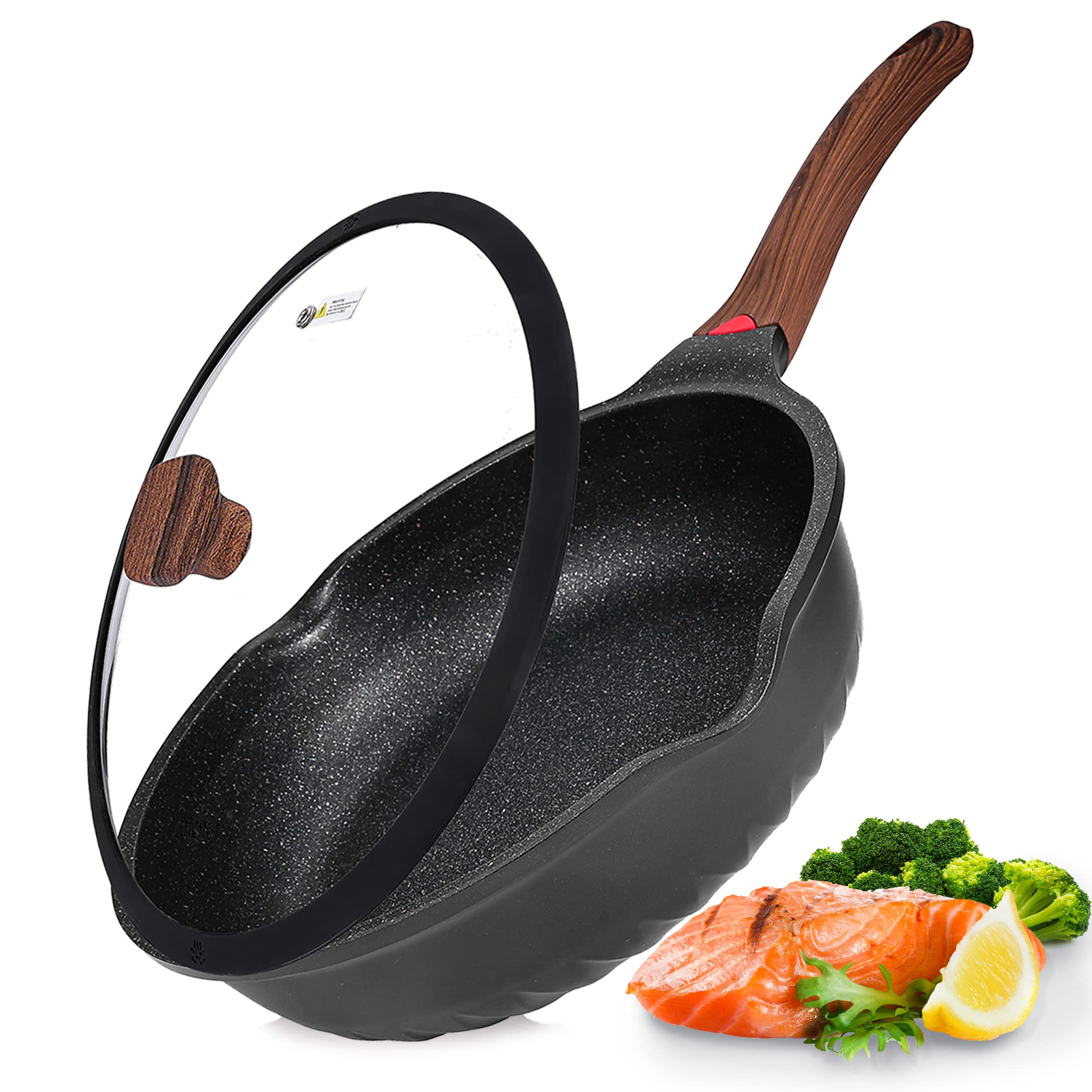 Vinchef front view with lid showing roomy 12in pan and visible glass lid for controlled cooking