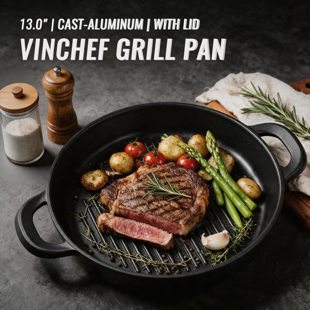 Vinchef grill pan overhead with seared steak showing grill marks