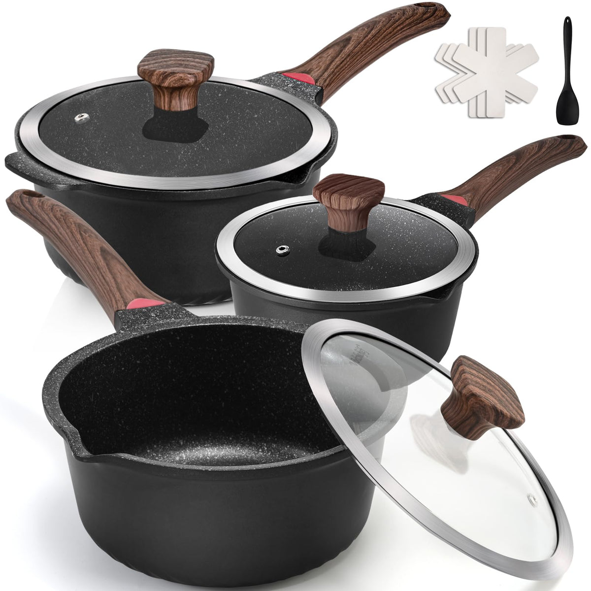 Vinchef front view of saucepan set showing compact shapes and lids, highlighting convenience
