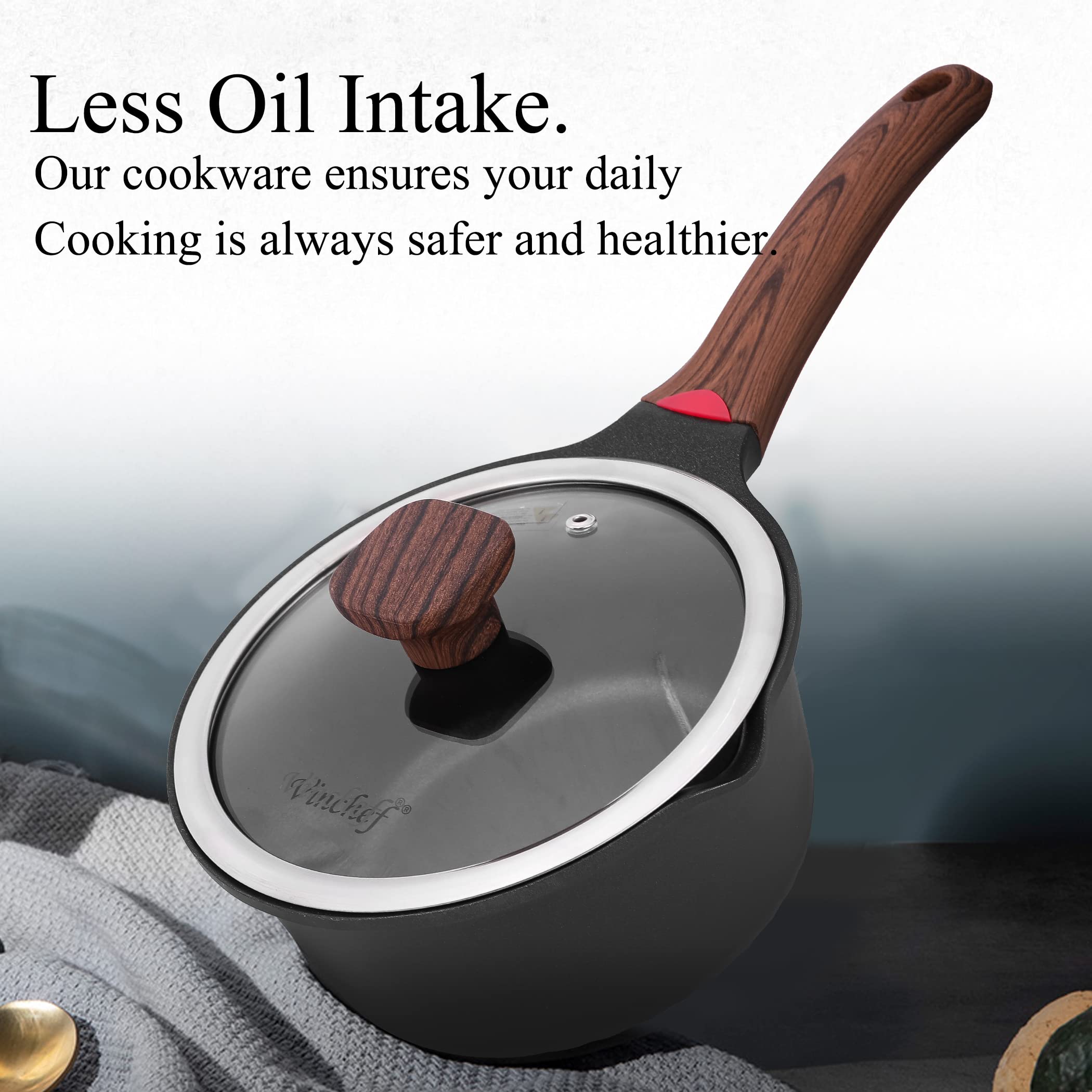 Vinchef saucepan staged in kitchen lifestyle scene suggesting everyday cooking convenience