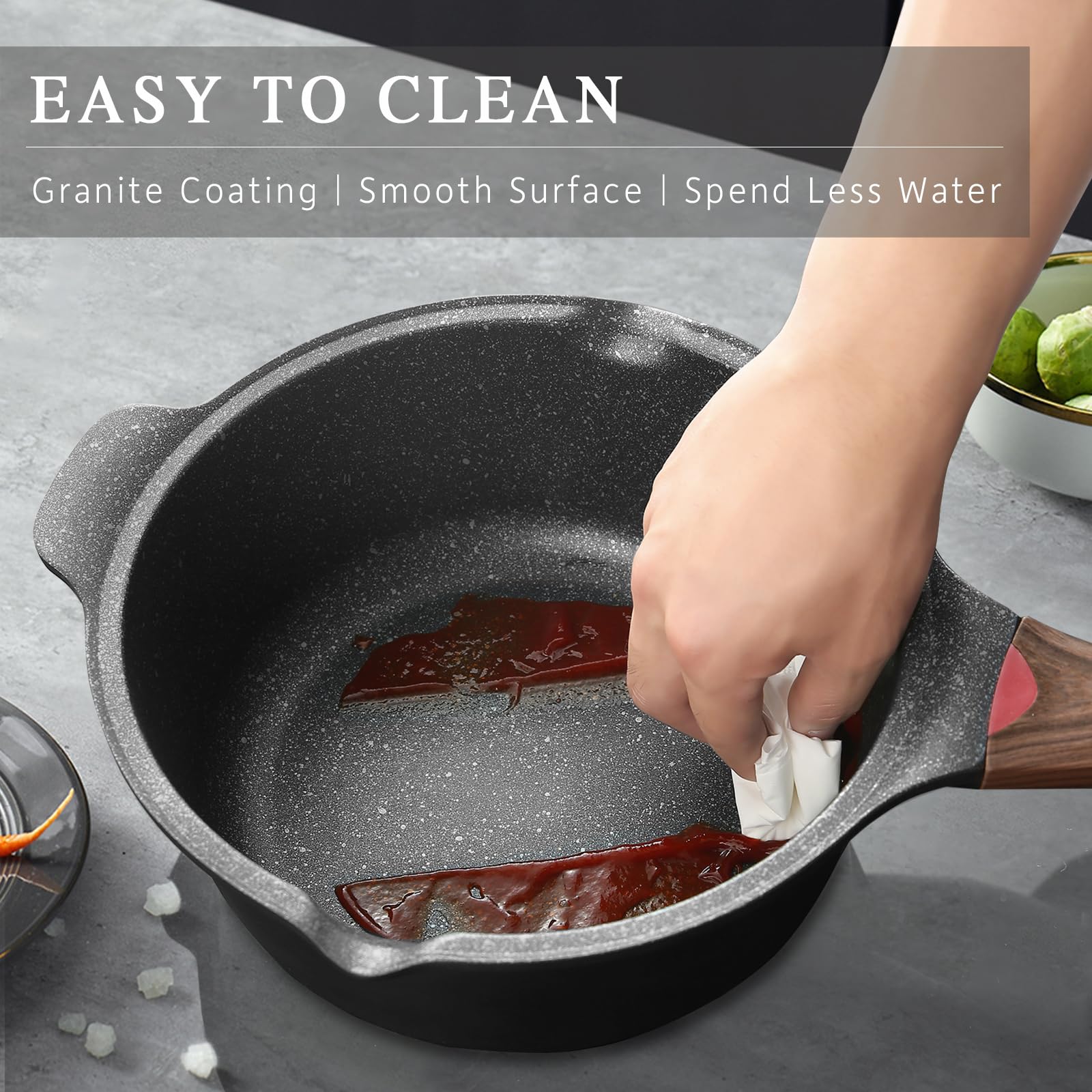 Vinchef pans in use on stove with sauce simmering, showing even heat distribution benefit