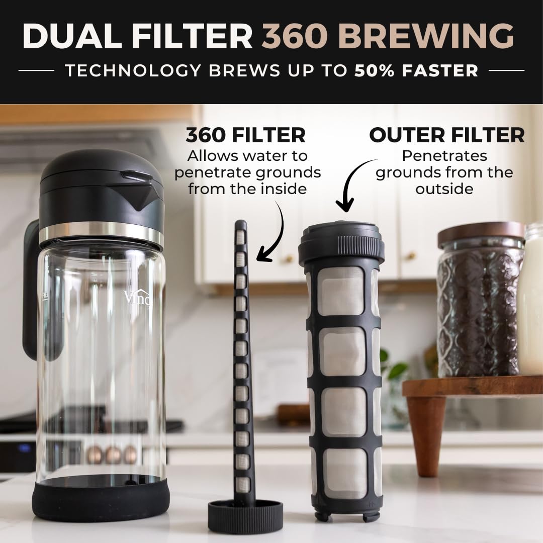 VINCI dual-filter assembly close-up demonstrating even extraction and cleaner brew