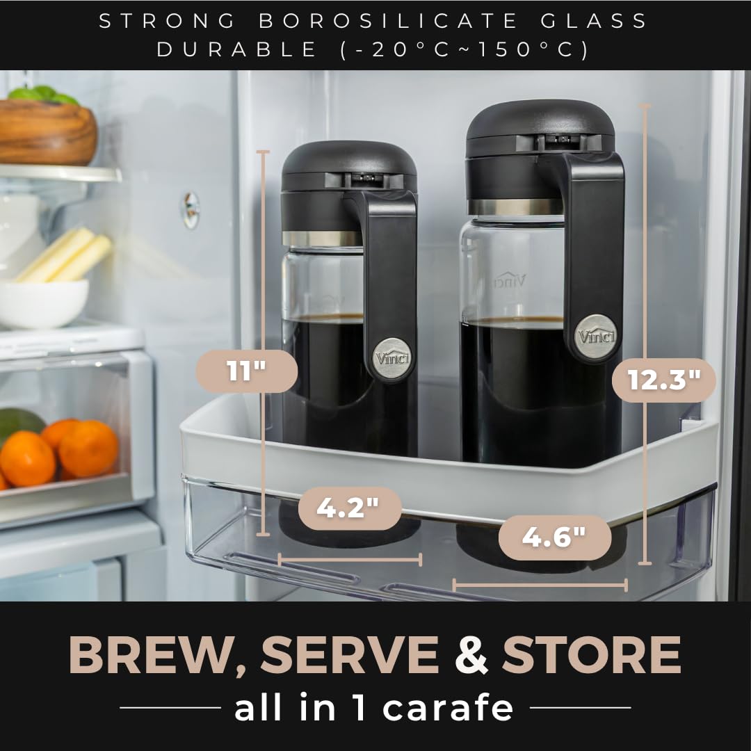 VINCI pitcher on fridge shelf comparing compact size and space-saving storage