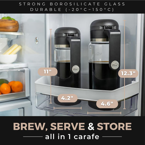VINCI pitcher on fridge shelf comparing compact size and space-saving storage