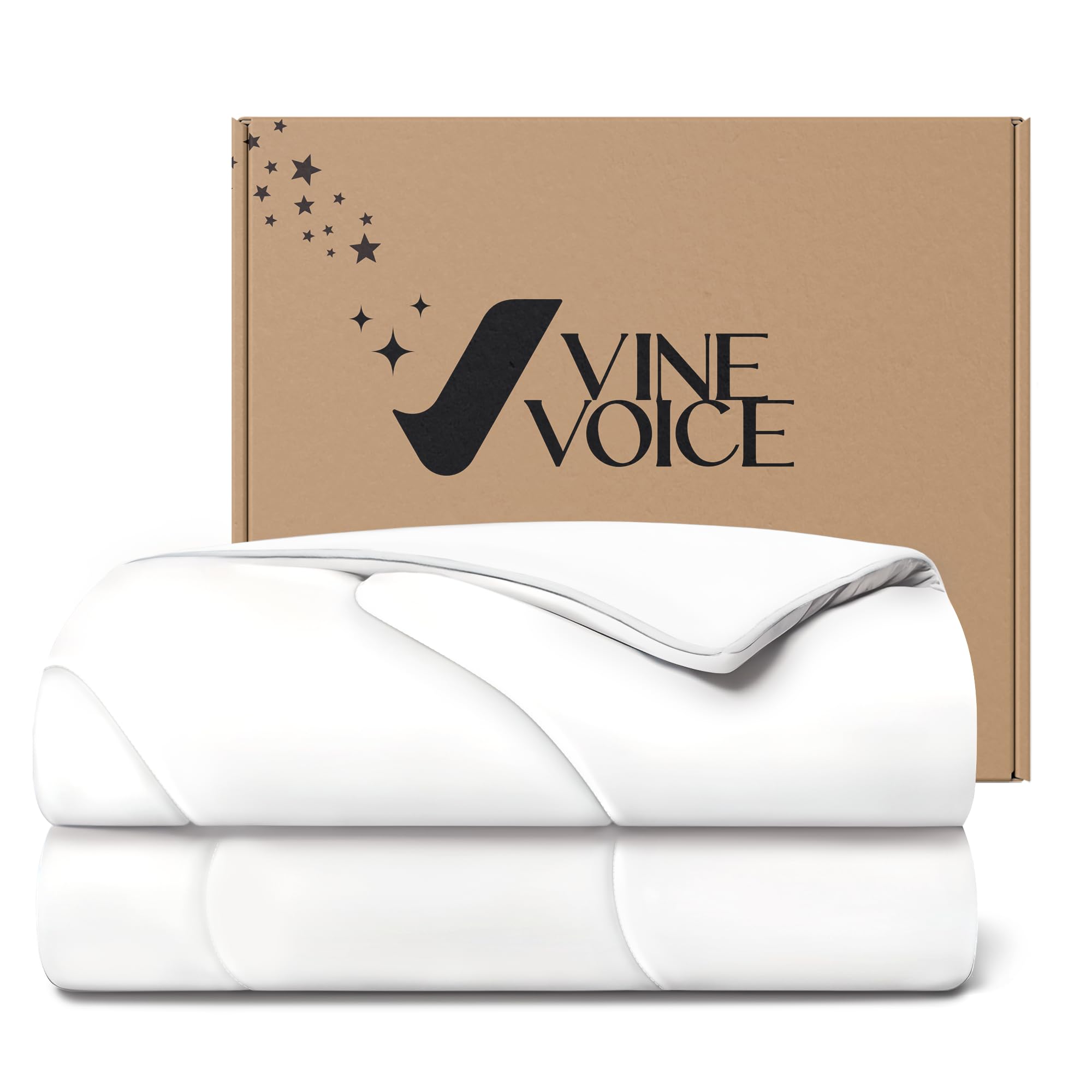 Vine Voice front packaging showing queen Arctic White comforter and benefit of cool touch