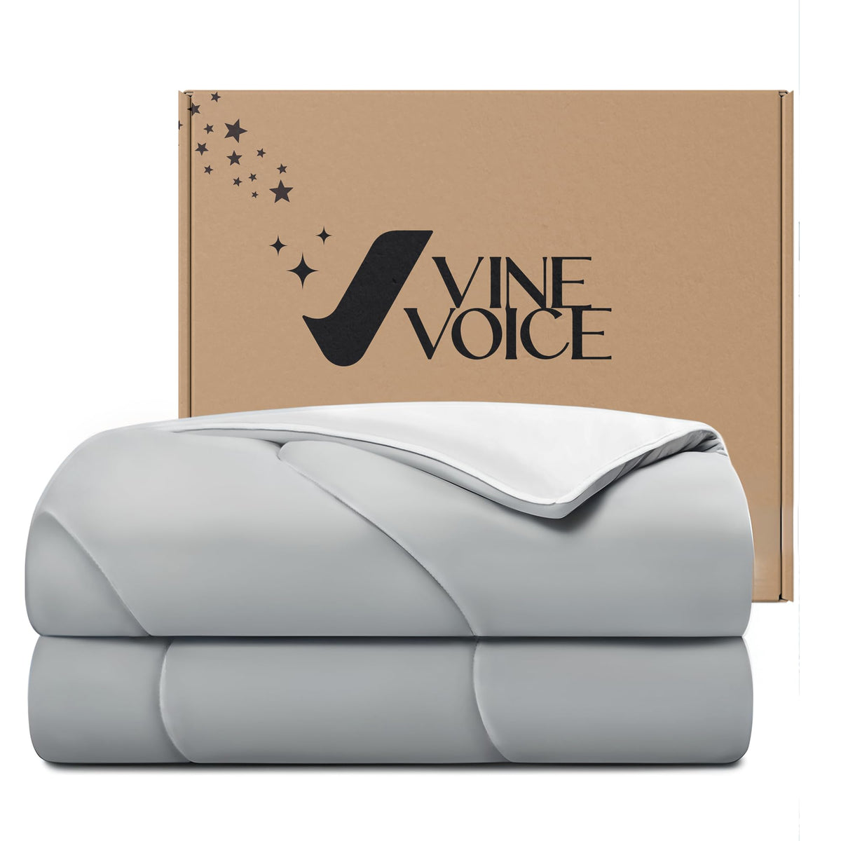 Vine Voice front view of silver gray cooling comforter showing neat finish and modern look